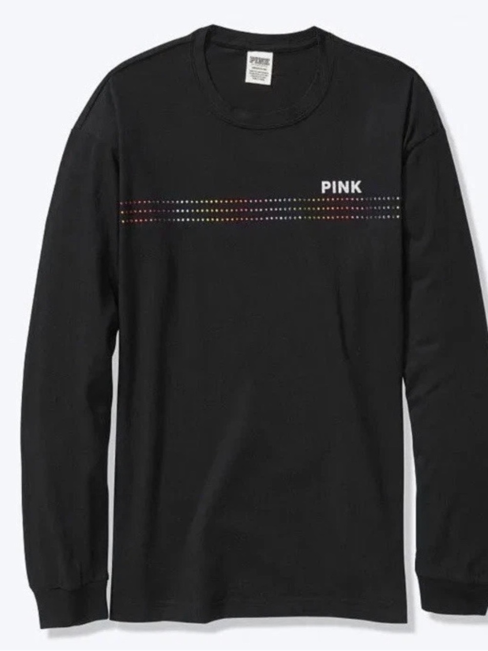 Victoria’s Secret PINK Rainbow Rhinestone Stripe Long Sleeve Tee Black L NWOT